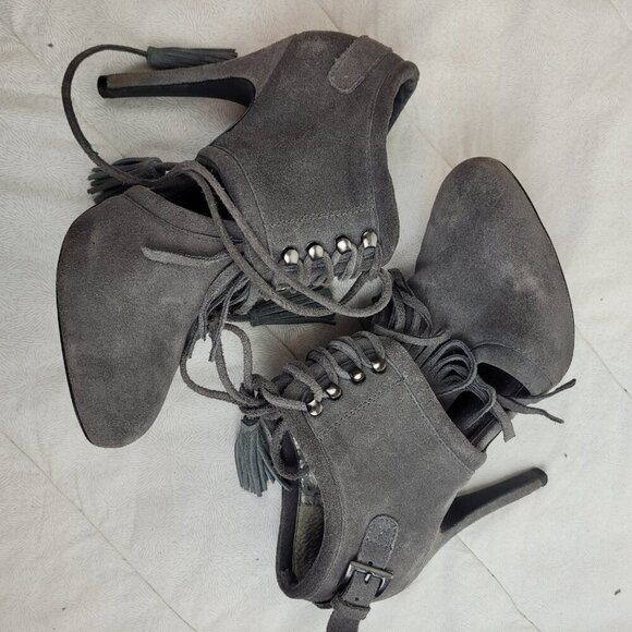 Colin Stuart gray suede booties fringe leather ties tassels stilettos boho 6.5 - Picture 12 of 13
